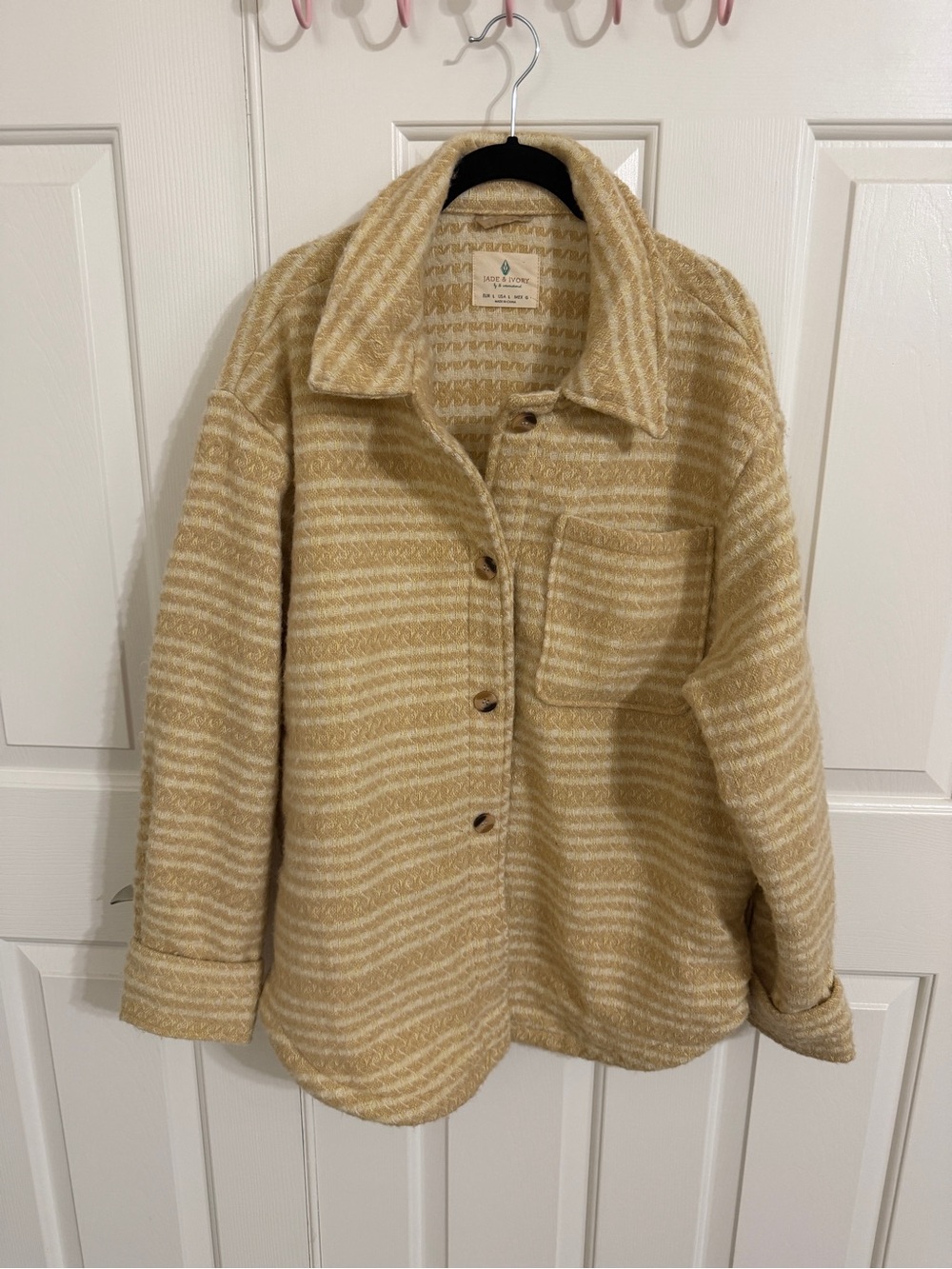 Jade & Ivory L Cream Tan Striped Fuzzy Shacket Jacket Preppy Cottagecore Fall